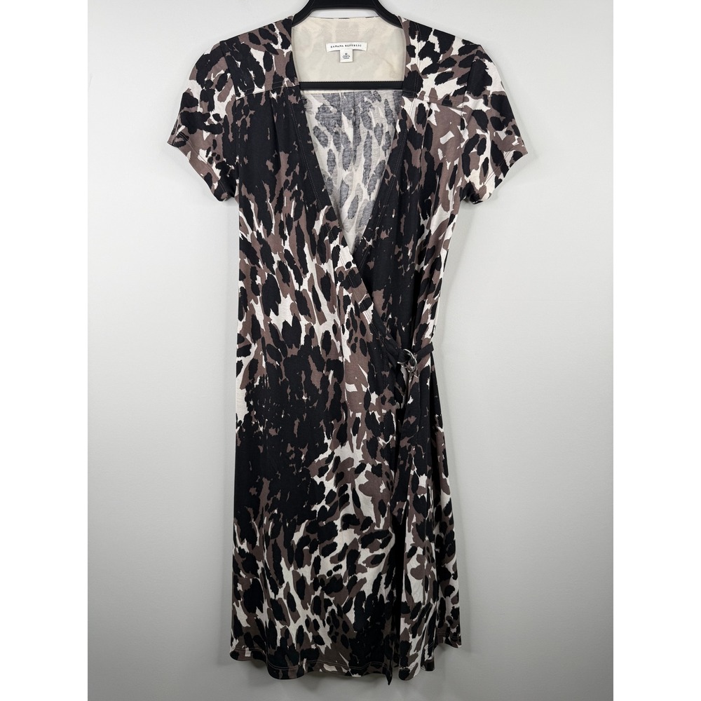 Banana Republic Womens Abstract Animal Print Wrap SILK Dress Brown Black Medium